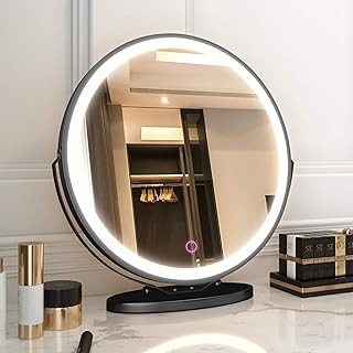 LVSOMT 20" Vanity Makeup Mirror with Lights, 3 Color Lighting Dimmable LED Mirror, Touch Control, 360°Rotation, High-Definition Large Round Lighted Up Mirror for Bedroom Table Desk (Black)