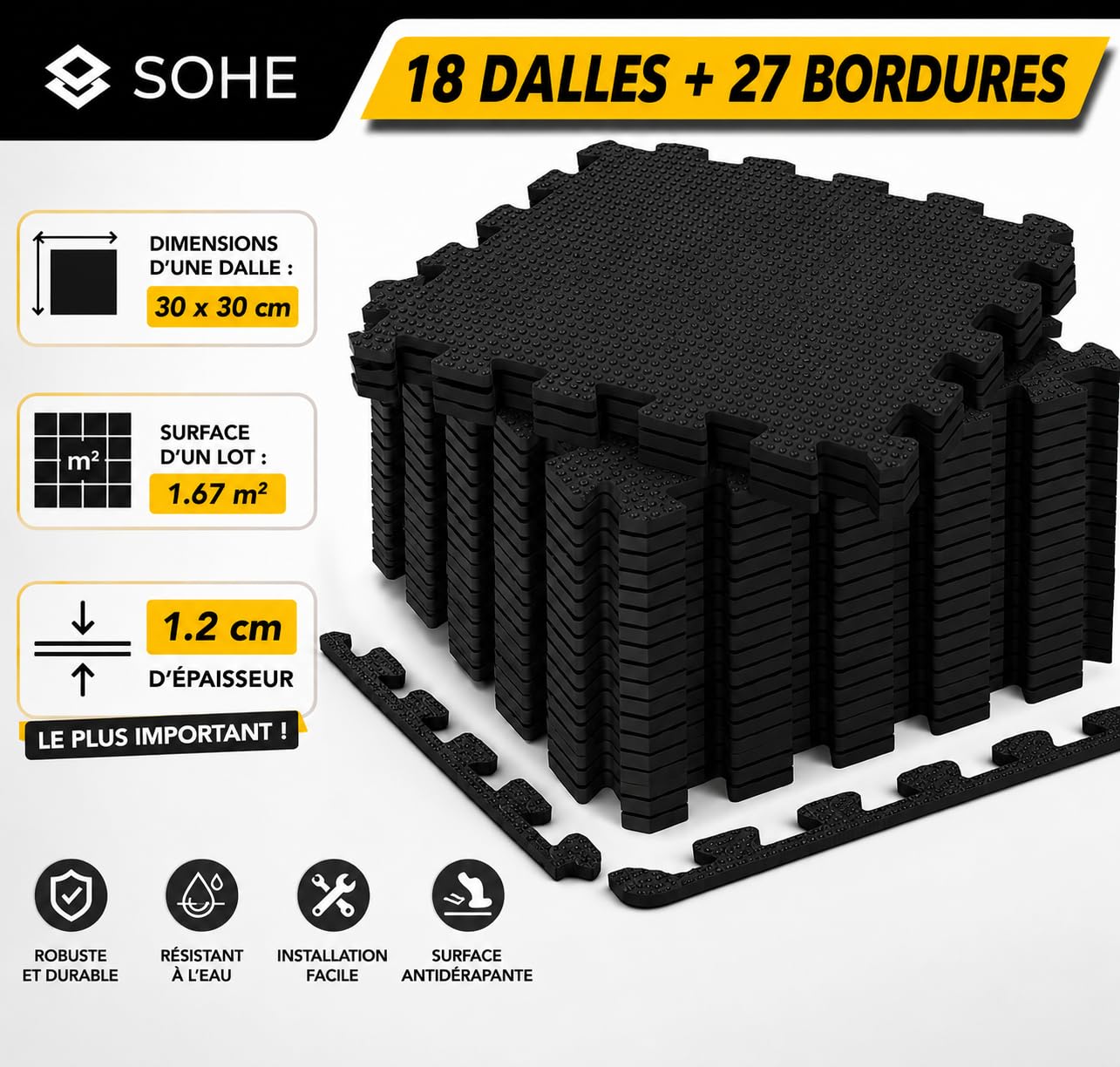 LPVS Tapis de Sol - Dalles Protection Sport - 18 Dalles Mousse 1.2 cm Épaisseur + 27 Bordures - Antidérapant Anti Bruit - Puzzle Fitness - Idéal Gym Banc Salle Sport Garage Tatami - sans BPA