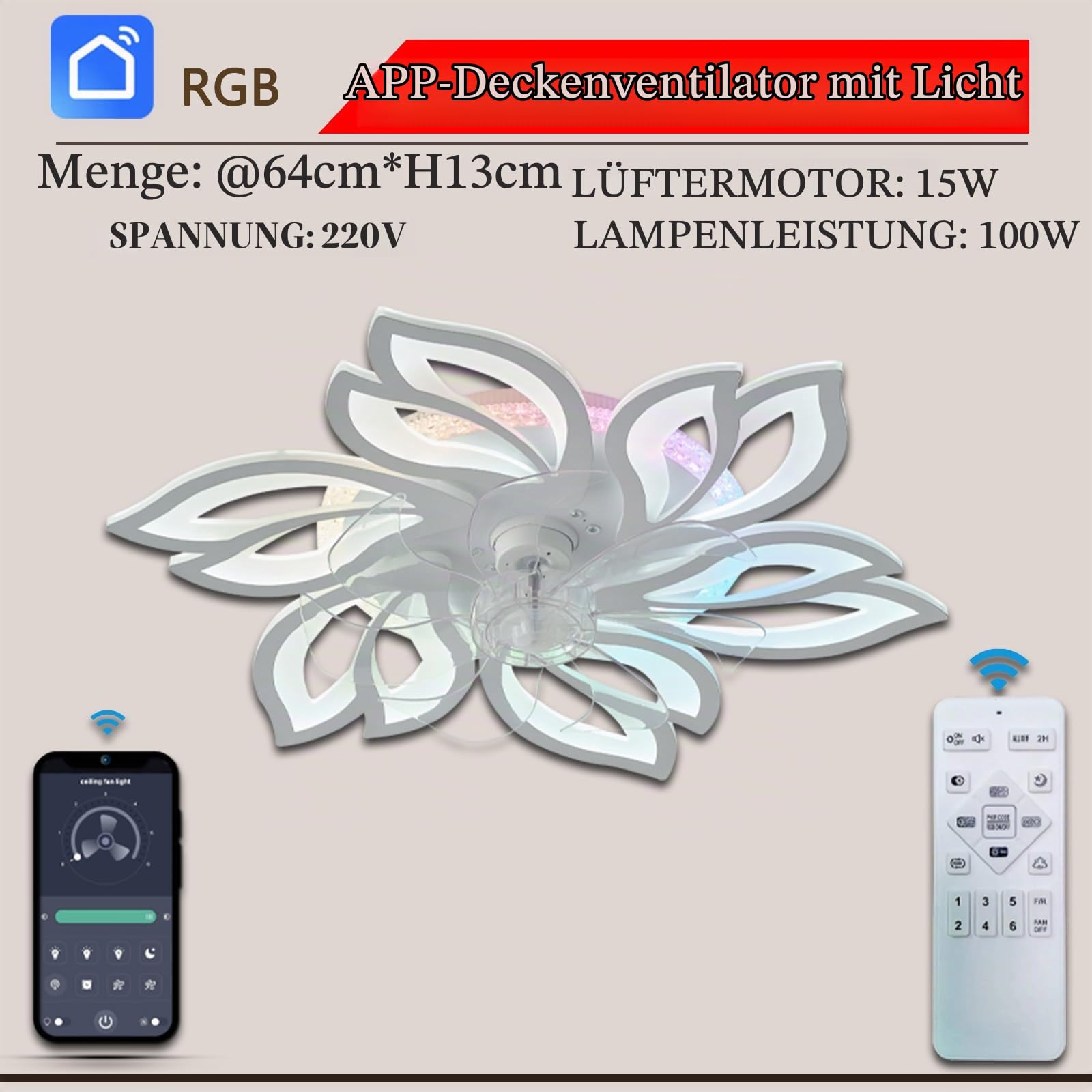 RGB Flower Deckenventilator Mit Licht Und Fernbedienung Leise Reversible DC Motor Schlafzimmer Licht Mit Ventilator LED Dimmbar Wohnzimmer Ventilator Lampe Design, 6 Lichter, Memory-Funktion