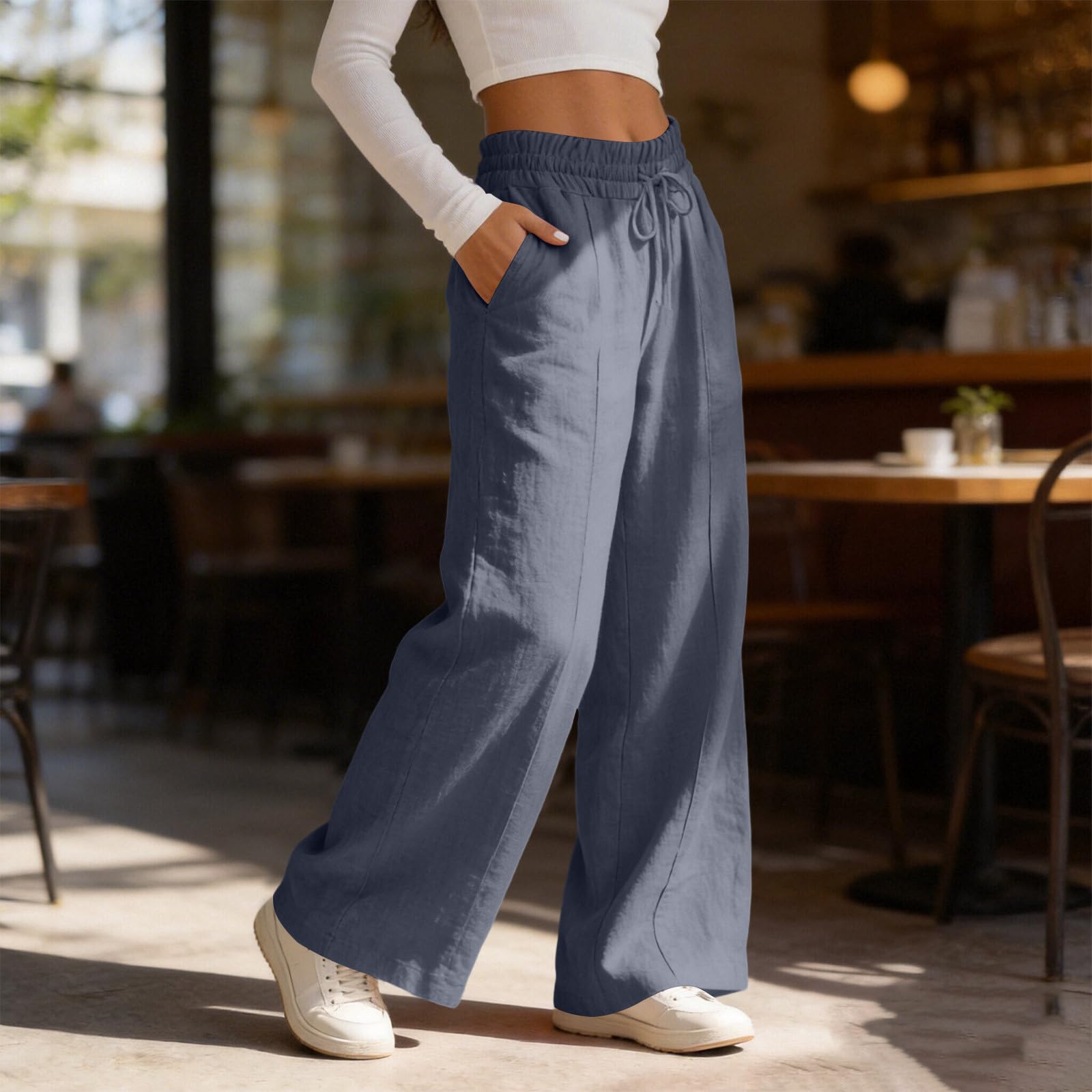 Rseomihvy Women's Cotton Linen Pants Summer Straight Wide Leg Trousers Drawstring Elastic Waist Loose Beach Vacation Outfits - 4