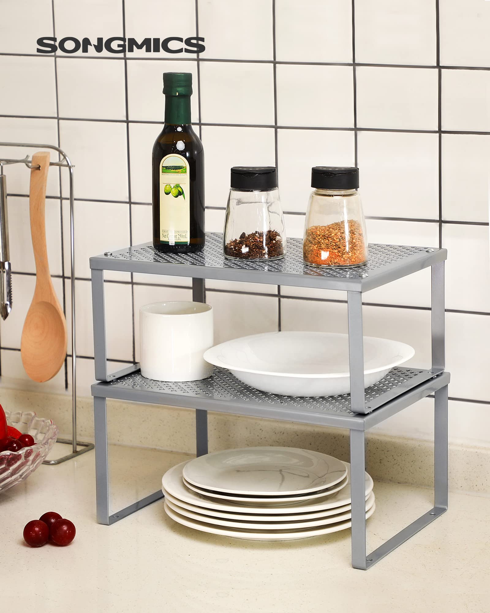 SONGMICS Set of 2 Cupboard Organisers, Kitchen Storage, Stackable, Expandable, Metal Counter Shelves, Silver KCS01SV - Image 2