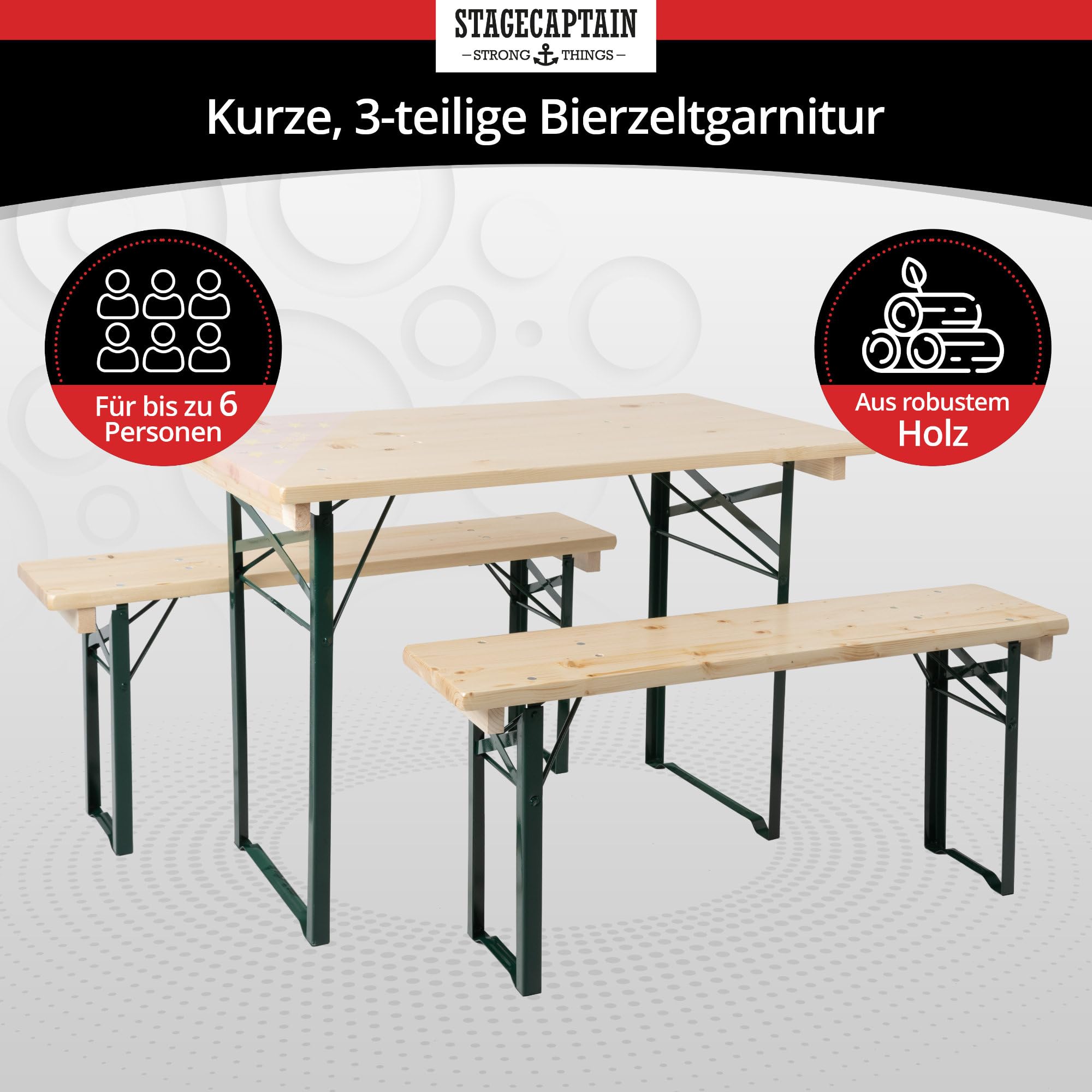 Stagecaptain BBEU-110NT zestaw do namiotu piwnego na balkon – wersja krótka o długości 110 cm – składany zestaw do namiotu biesiadnego, 2 x stół 4 x ławka – zestaw mebli do siedzenia z drewna – do