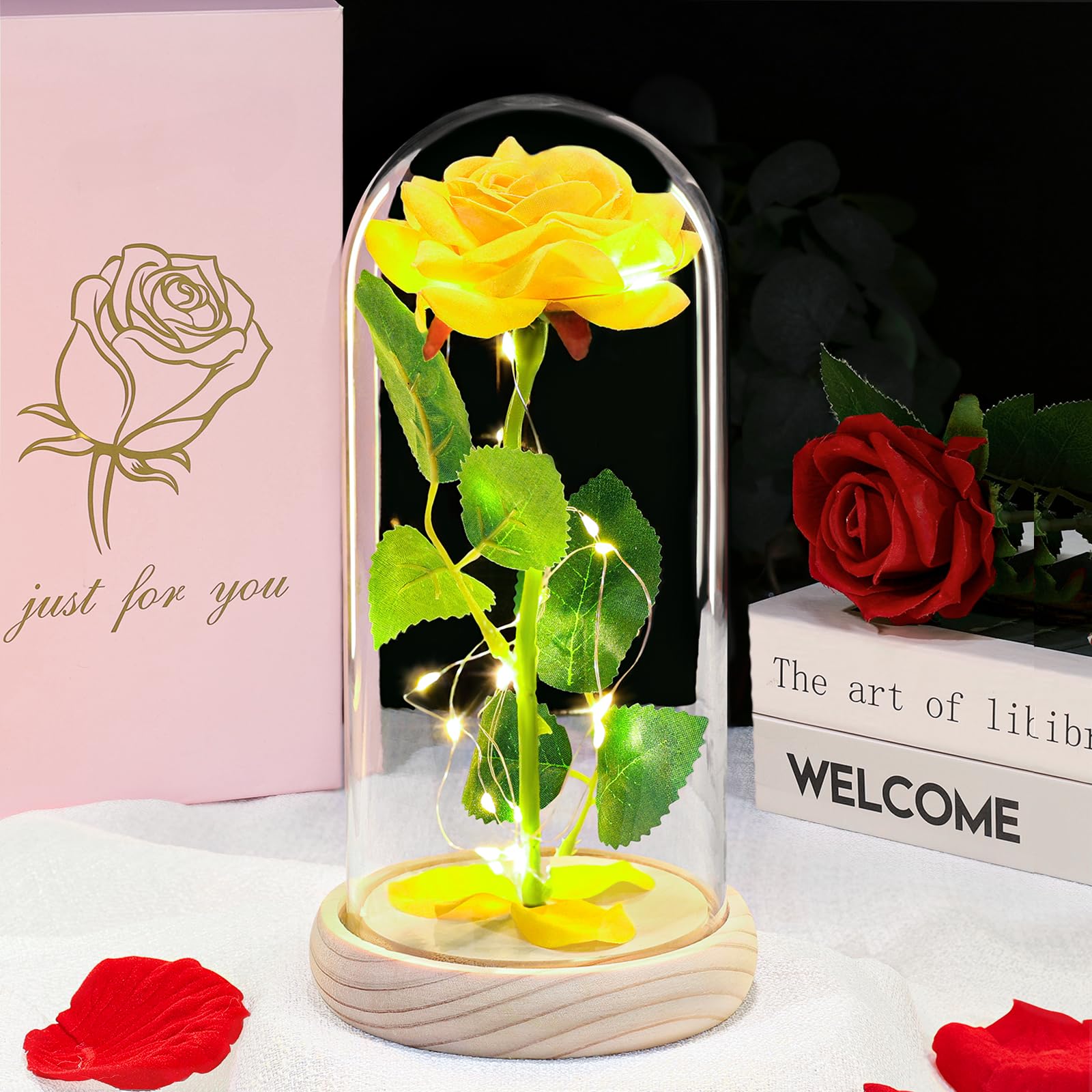 Birthday Rose Gifts for Women Eternal Rose Gifts for Mum Colorful Rose Gifts, Mothers Day Birthday Presents Light Up Rose in Glass Dome with LED for Mum Wife Daughter Artificial Roses for Anniversary