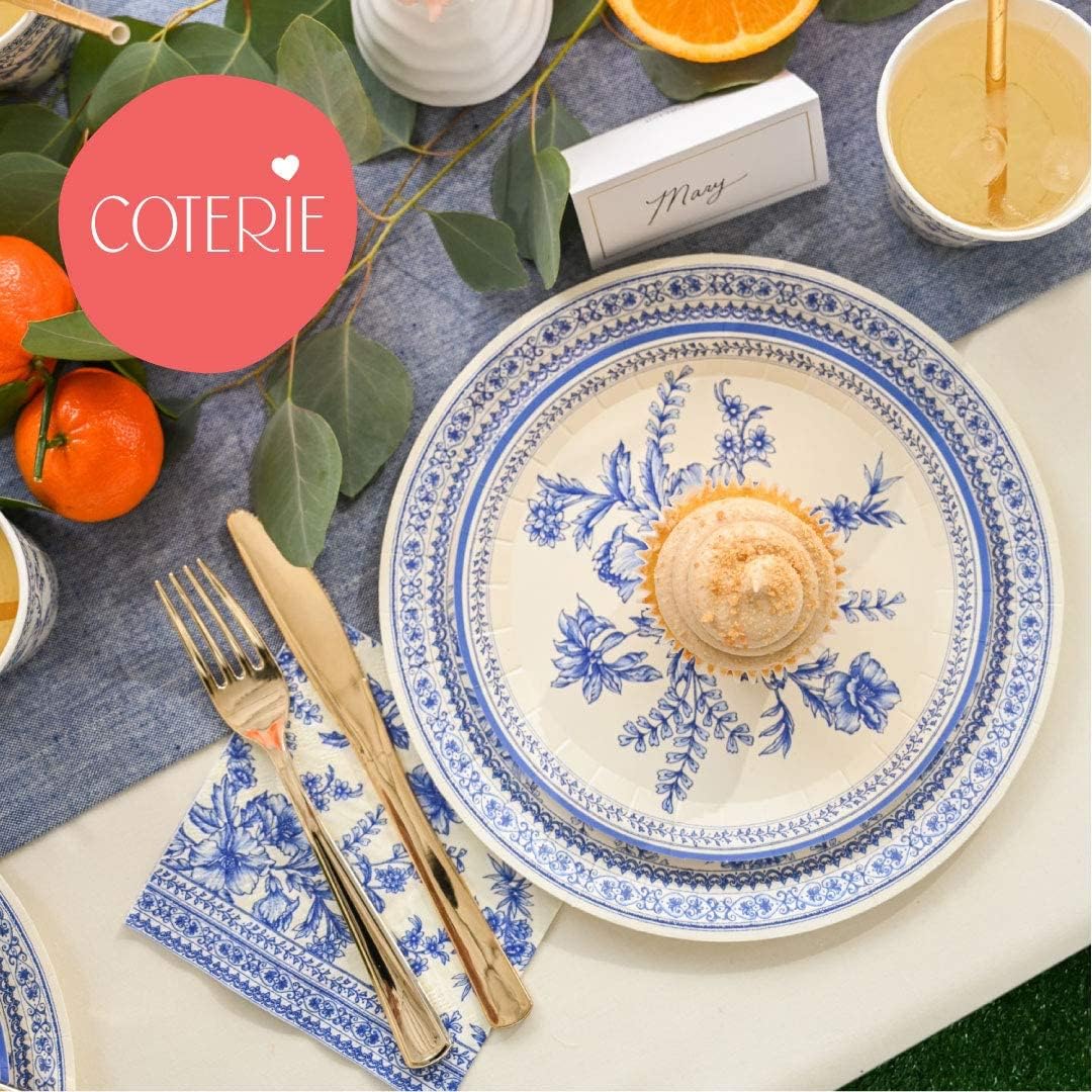 Coterie Blue Floral Paper Party Plates and Napkins Set for 20 people - 65 pc Floral Party Kit for Bridal/Baby Shower, Tea Party and More - Disposable Floral Party Supplies | Includes 20 large plates,