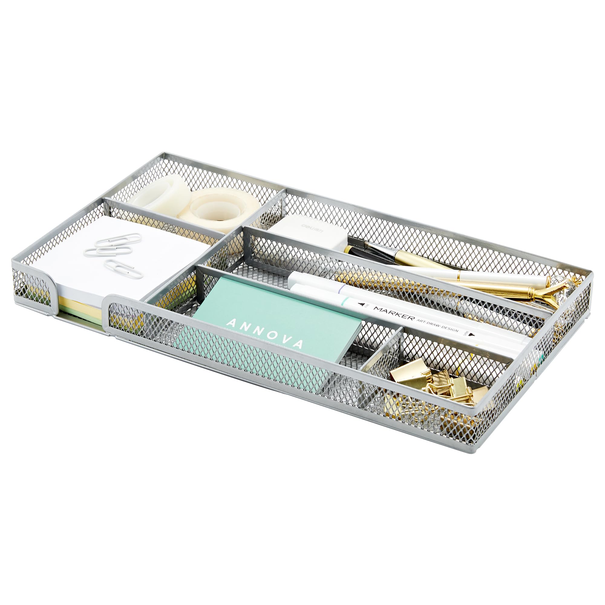 Annova Desk Drawer Organizer Tray for Office Organization - Metal Mesh - Storage Tray with Dividers for Pens, Desktop Accessories, Bathroom, Kitchen,