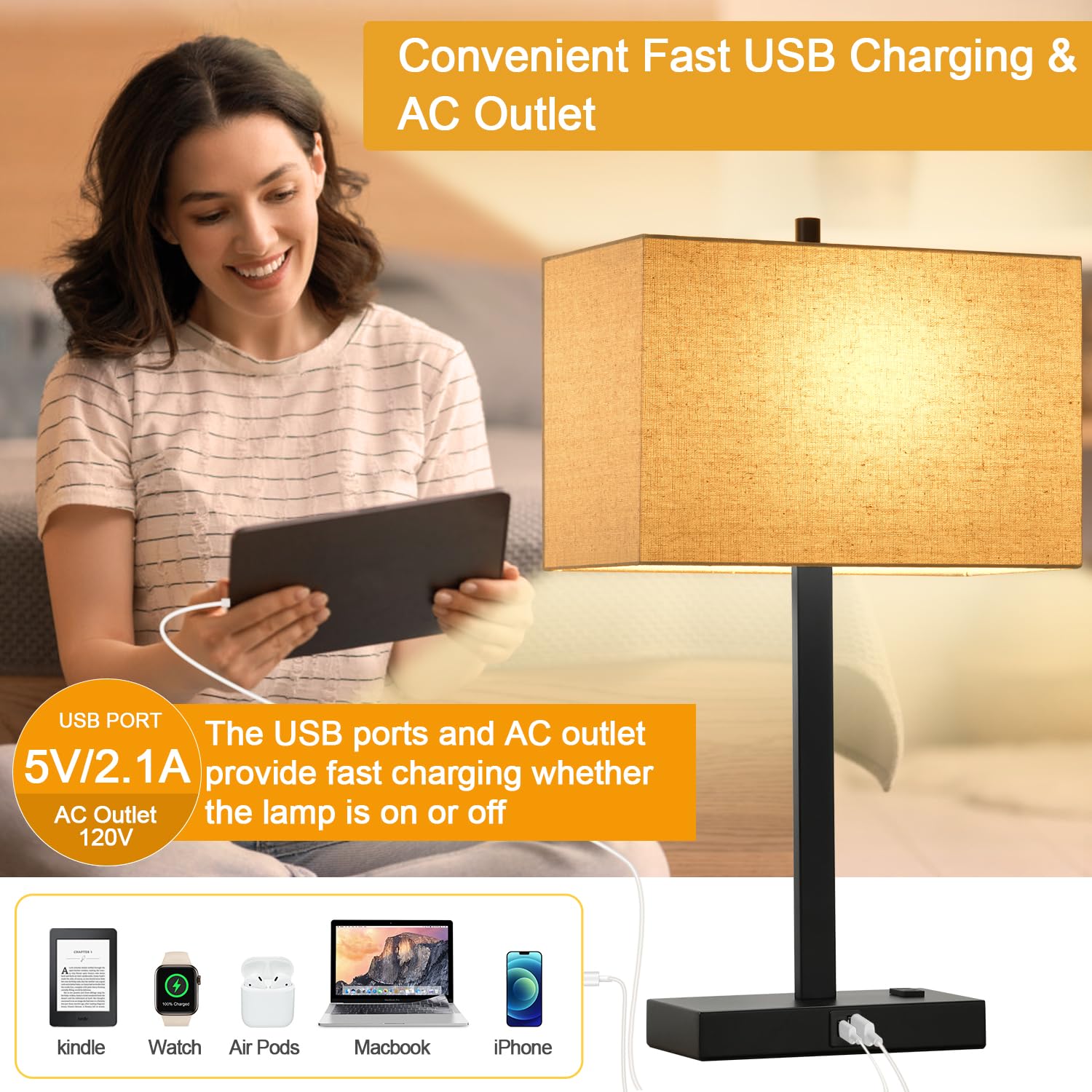 53,3 cm Touch-Nachttischlampen mit 2 USB- und AC-Steckdosen, 3-fach dimmbare Nachttischlampen 2er Set für Schlafzimmer, Wohnzimmer, Büro, Lesen, Beige Leinen Lampenschirmlampen für Nachttische, 2700K