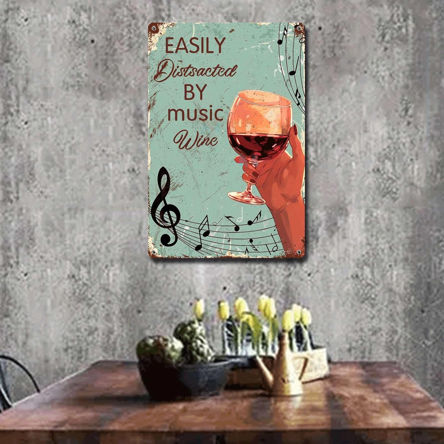 Metal Sign Vintage Wall Art Easily Distracted by Music and Wine Lady Hand Art Tin Sign for Garden and Pub 12x16inches
