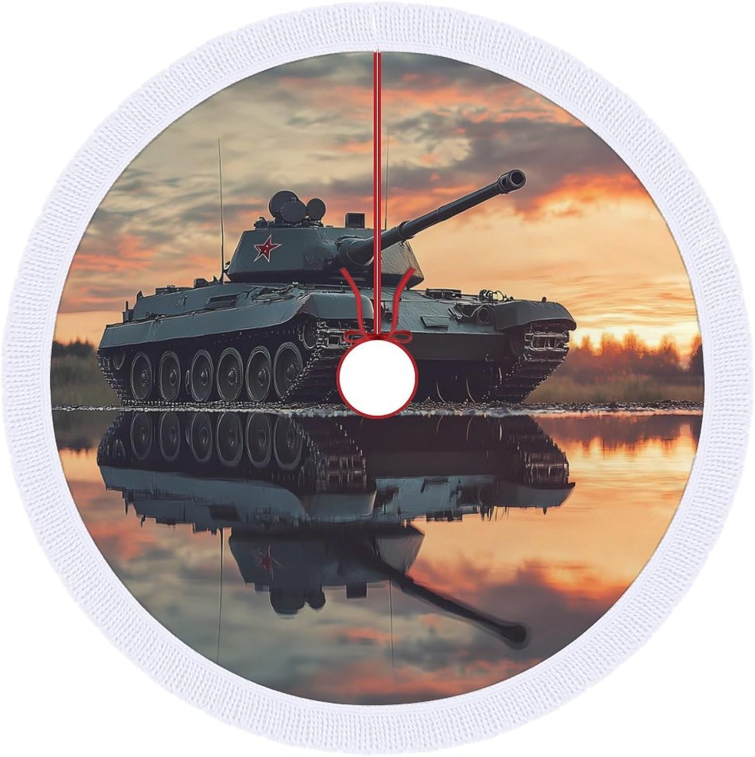Military Tank Army Christmas Tree Skirt Round Xmas Tree Mat Ornaments Tree Skirts with Tassels for Holiday Party