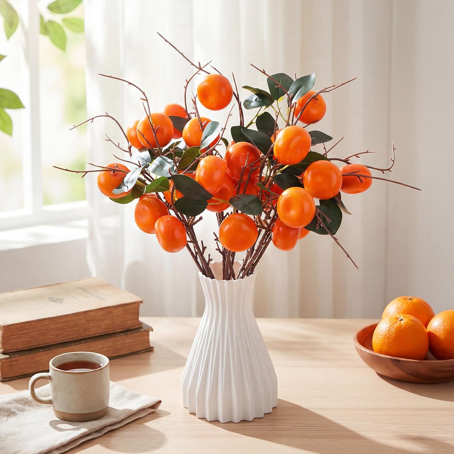 Daifunli 16 Pcs Artificial Orange Branches 17.72 Inch Simulation Fake Tangerine Branches Lifelike Faux Oranges Stem with Fruit Fake Greenery for Vase Home Office Party Indoor DIY Decor (2 Oranges)