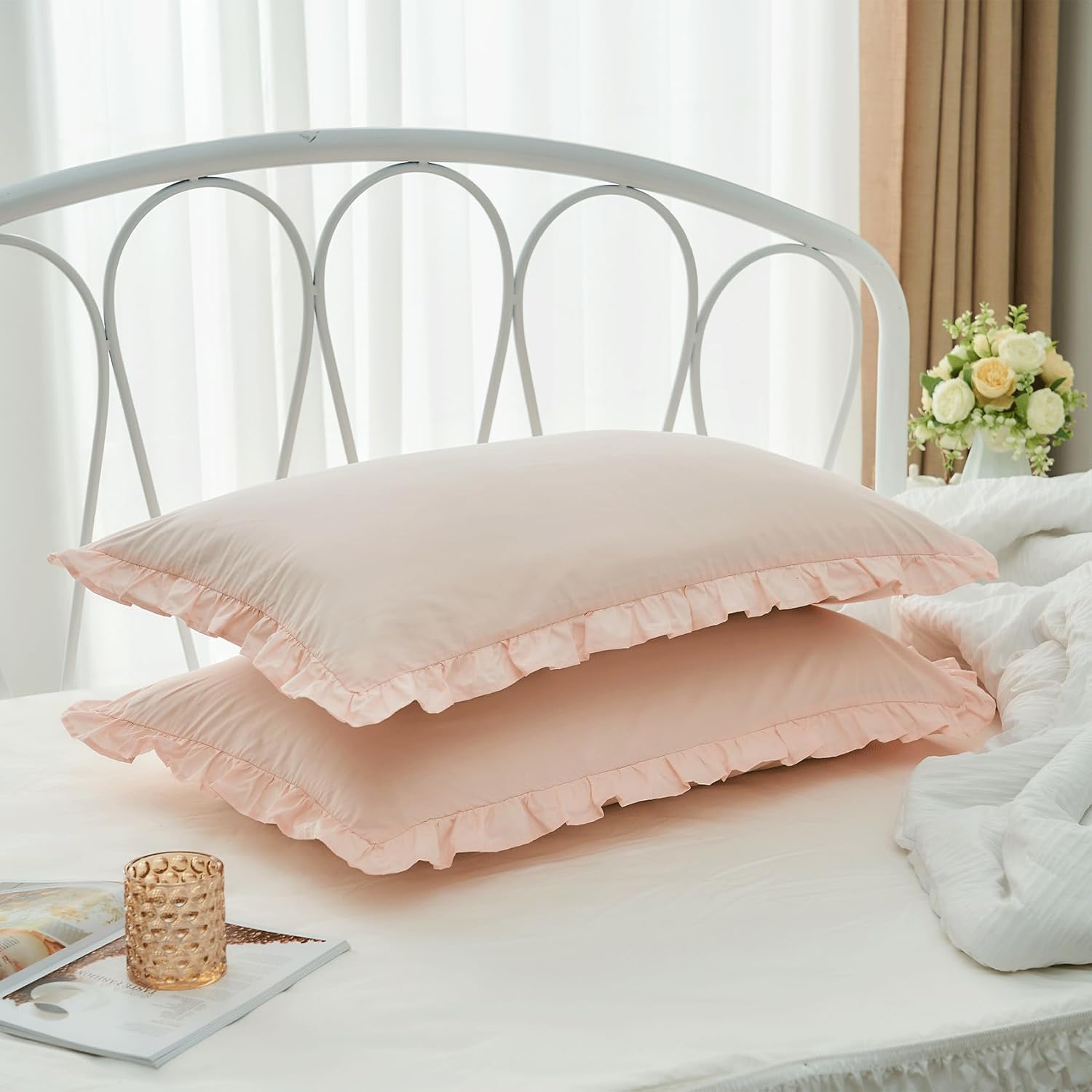 Pink Ruffle Pillow Cases Set of 2, 100% Cotton King Size Farmhouse Pillow Shams with Envelope Closure, Elegant Vintage Pillow Covers for Bedding, 20 x 36 inches