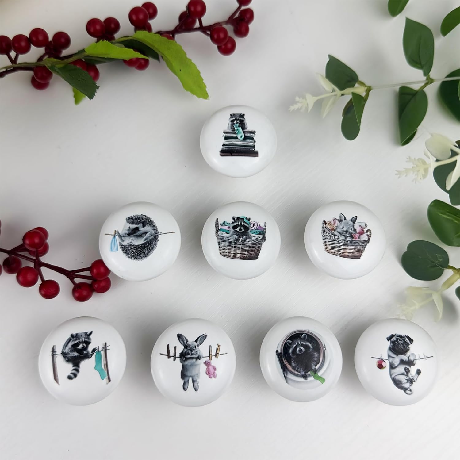 1.5" 8 PCS Ceramic Laundry Room Animal Knobs Cute Fun Rabbit Laundry Basket Raccoon Hedgehog Decor Cabinet Dresser Drawer Knobs and Pulls