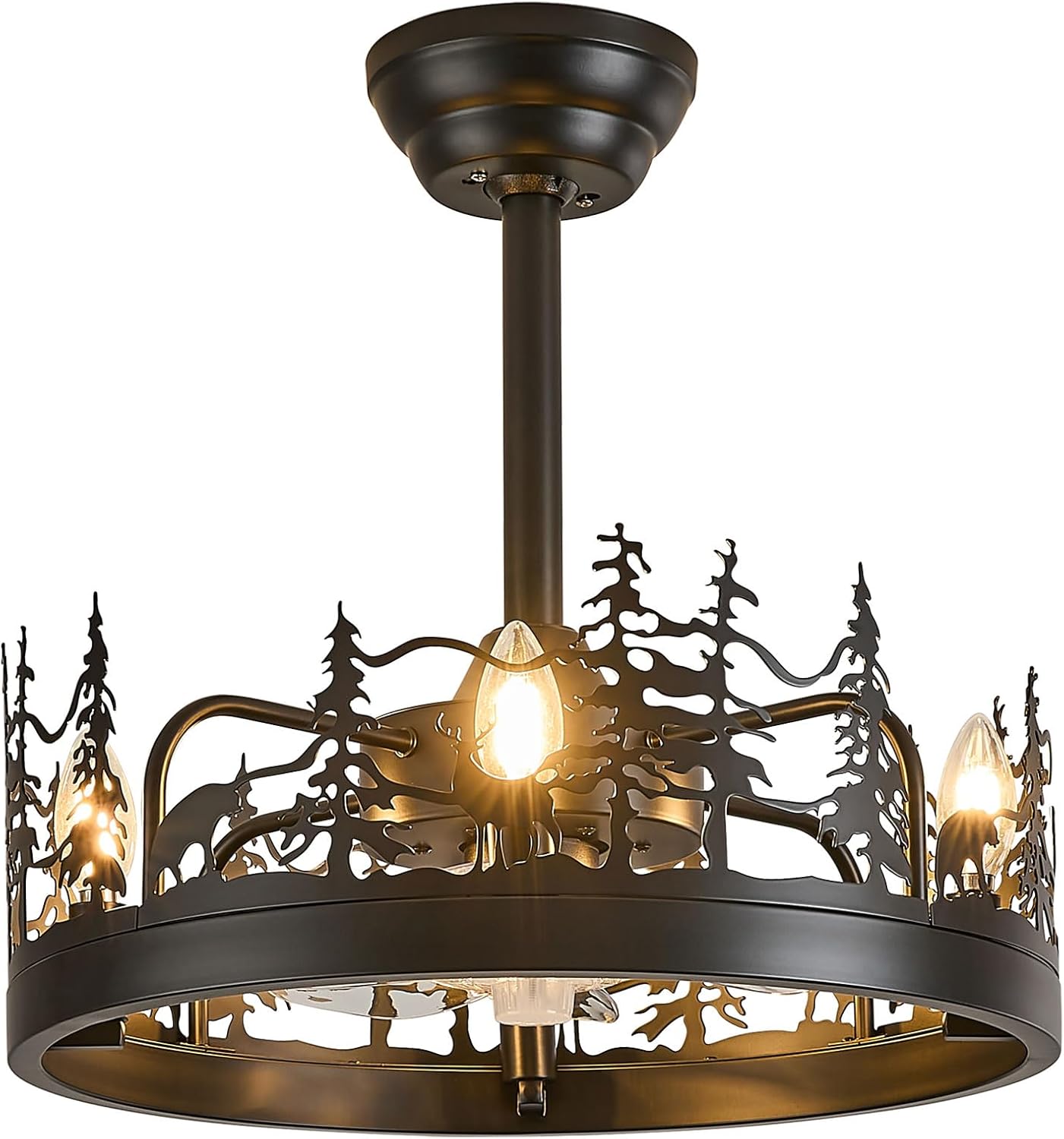 Farmhouse Rustic Ceiling Fans with Lights Remote Control,4-Light Bear Deer Black Metal Enclosed Semi Flush Mount Ceiling Fan Light Fixture for Bedroom,Dining Room,Living Room,Kitchen,Porch