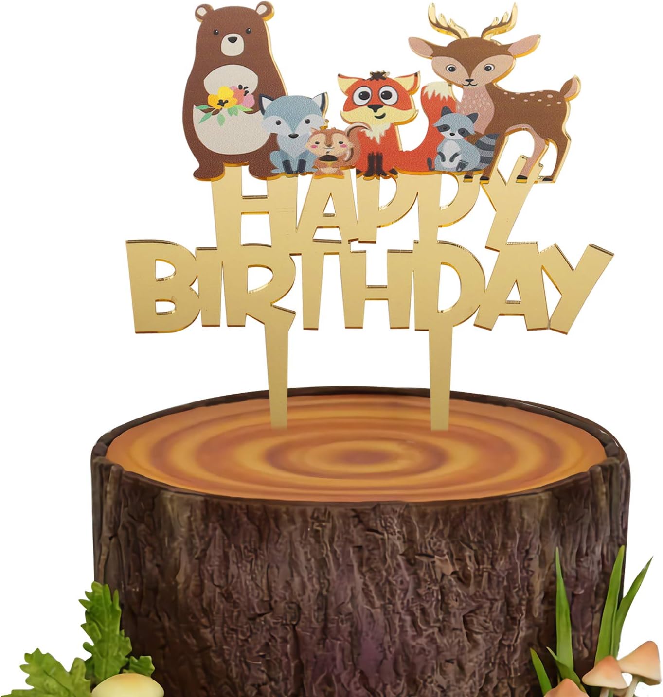 Gold Acrylic Woodland Animals Happy Birthday Cake Topper, Safari Animals Cake Topper, Kids Birthday Baby Shower Party Supplies, Woodland Party Favor