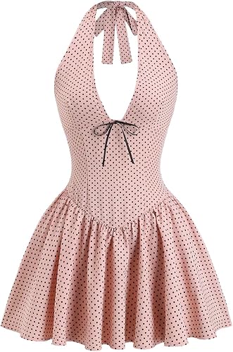 SOLY HUX Women's Polka Dots Halter Mini Dress Y2k Bow Deep V Neck Sleeveless Ruf