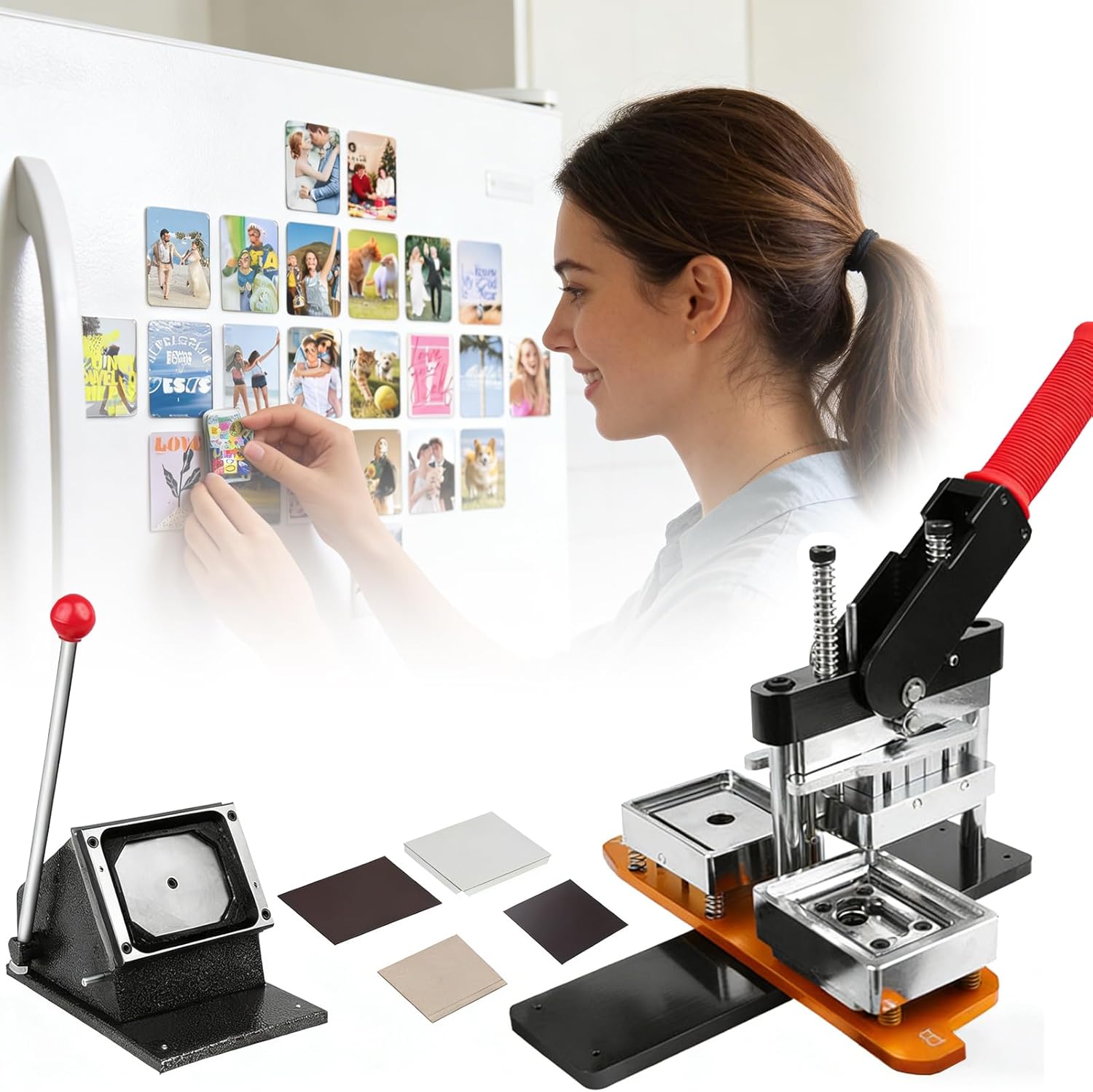 Fridge Magnet Maker, 50x50/63.5x63.5/80x53/90x65mm Photo Magnet Maker Machine kit, Fridge Magnets Button Badge Making + Paper Cutter + 100pcs Component, for Crafts and DIY Projects