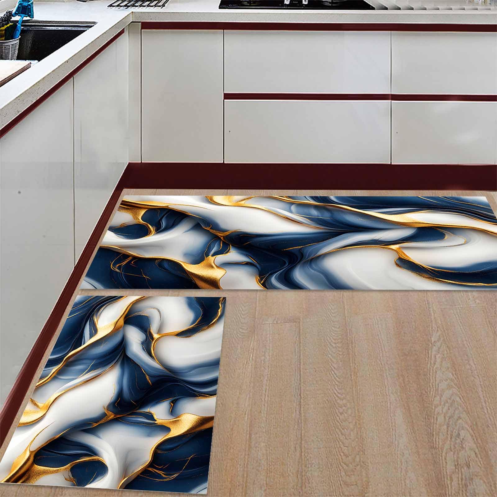 2 Pieces Kitchen Rugs and Mats,Abstract Gold Blue Artwork Area Runner Rug Set Non Slip Floor Doormat Washable Carpet Standing Mat for Kitchen Sink Indoor Corridor,Modern Marble Texture Fluid Art