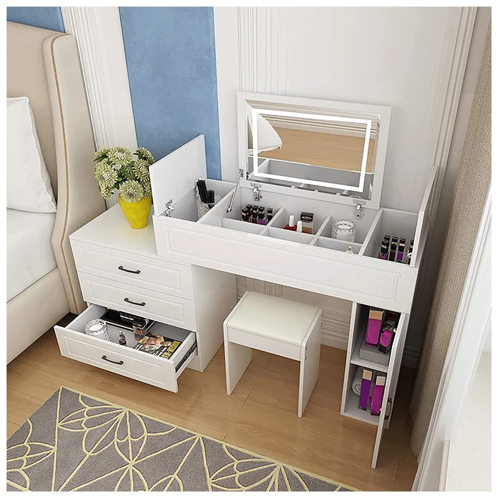 Mesa de maquillaje con espejo de 3 luces de atenuación y taburete cómodo