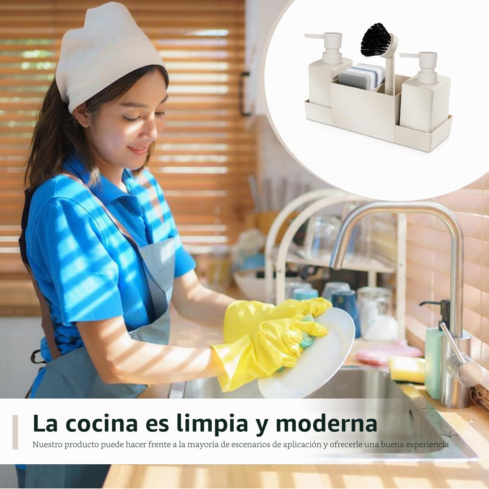 Organizador de fregadero, organizador de cocina, juego de fregadero de plástico con dispensador de detergente, cepillo y esponja para lavar platos, organizador con dispensador de jabón, cepillo de
