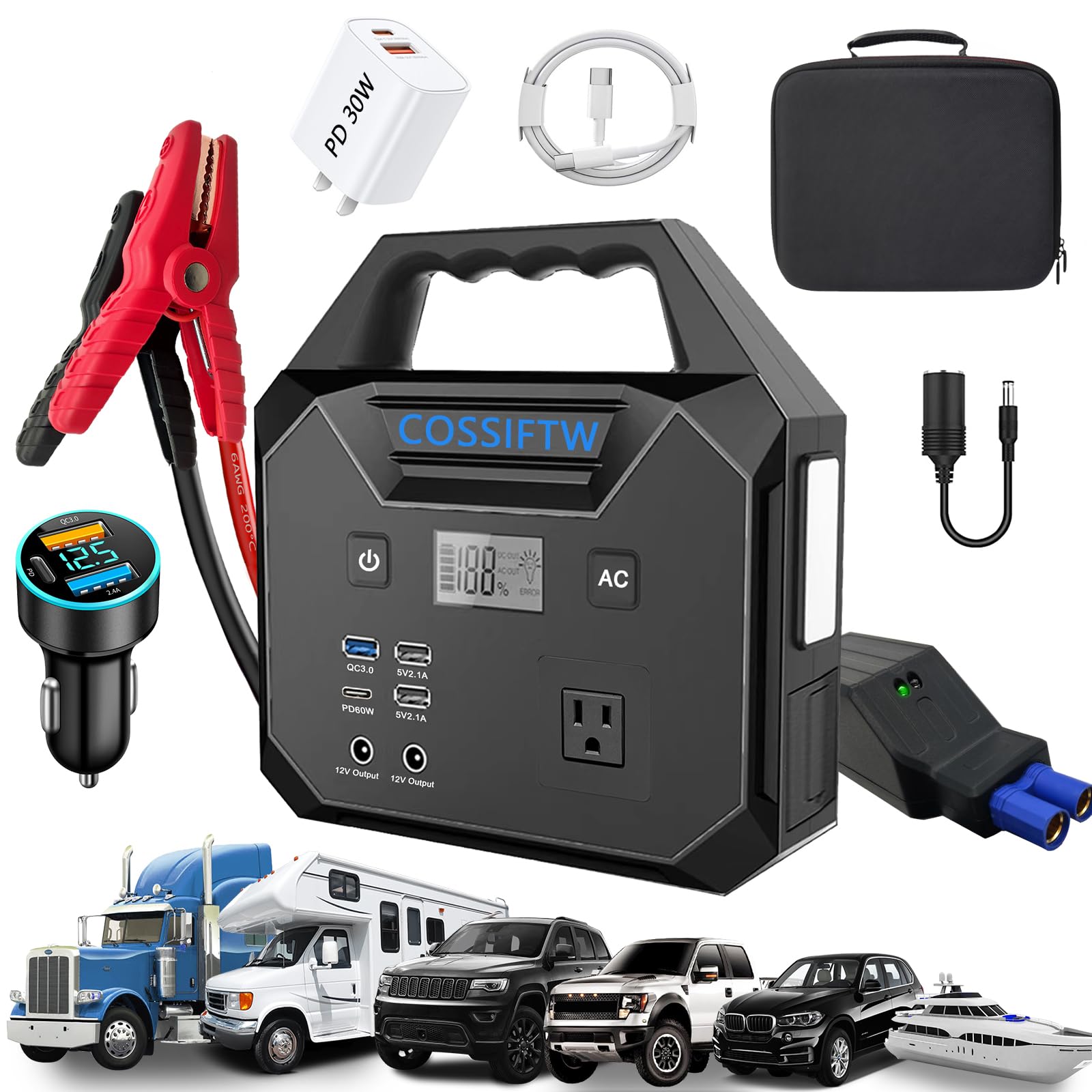 Heavy Duty 10000A Jump Starter - 200W Power Station with AC Socket for Trucks Motorhomes Gasoline and 15L