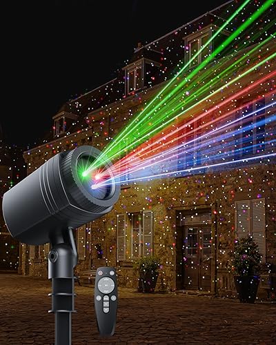 Luces láser de Navidad para exteriores, proyector de luz RGB (rojo, verde, azul) con control remoto RF y temporizador para fiestas y bodas, luces de