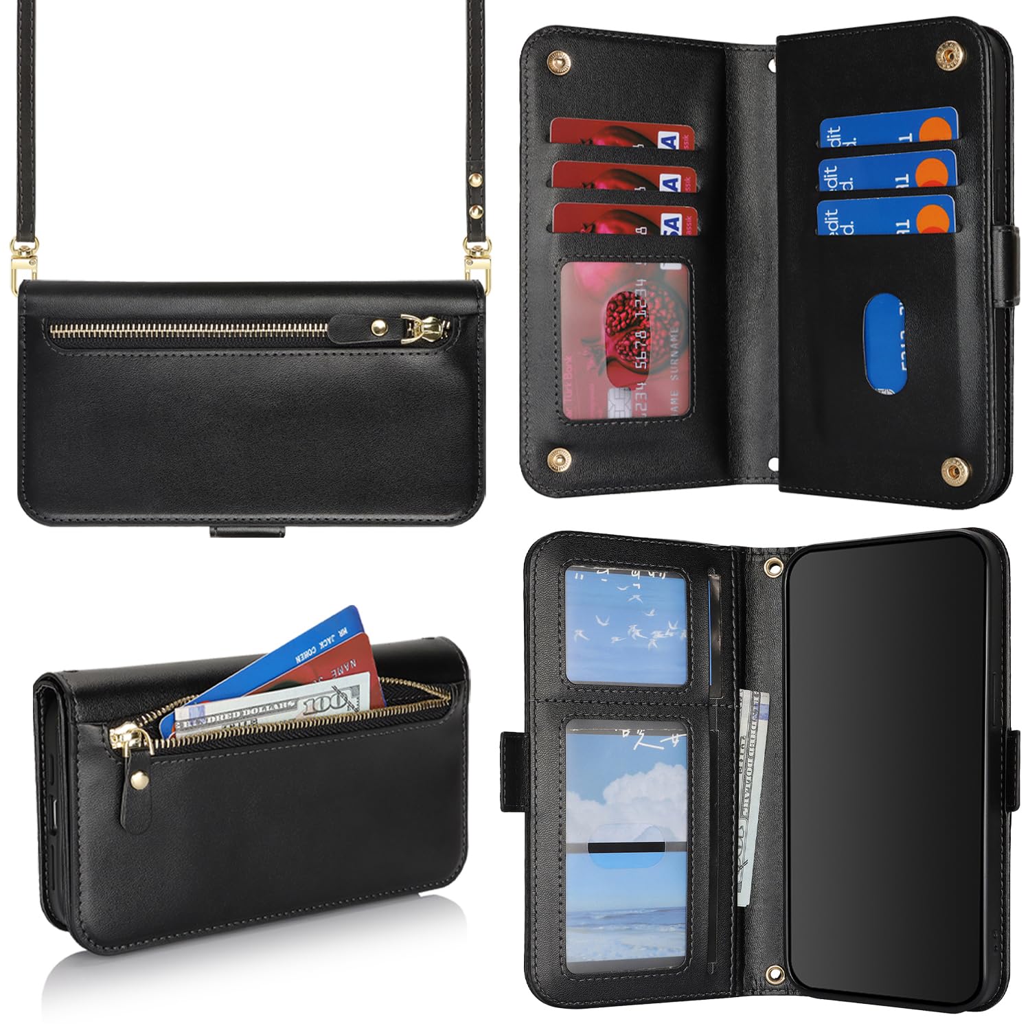 SunYoo for iPhone 12 Wallet Case for Women,for iPhone 12 Pro Case with Strap Crossbody Lanyard,PU Leather Shockproof Card Holder Stand Zipper Pocket