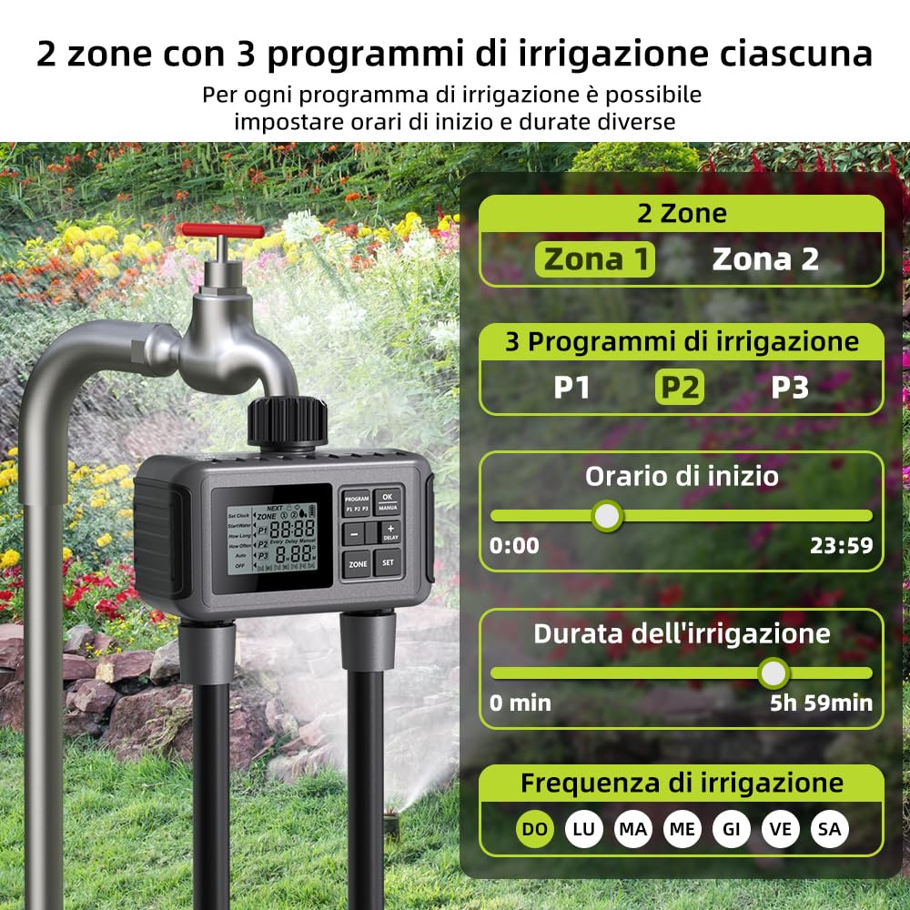 Uzoli Centralina irrigazione 2 vie, Timer irrigazione automatico a batteria