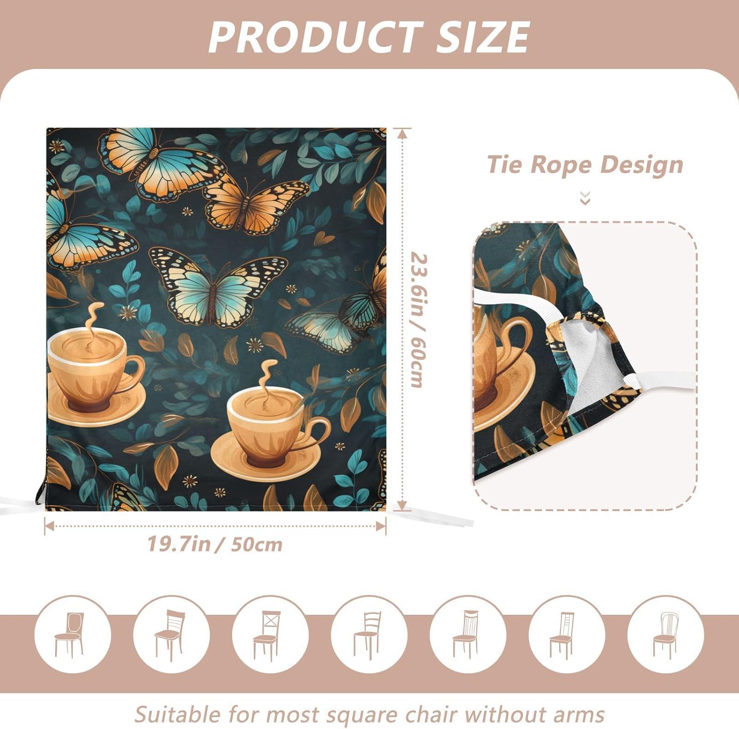 ALAZA Butterflies Coffee Cups Leaves Chair Back Cover Set of 6, Washable Reusable Removable Chair Slipcovers Decorative Chair Cover for Home Kitchen Wedding Party