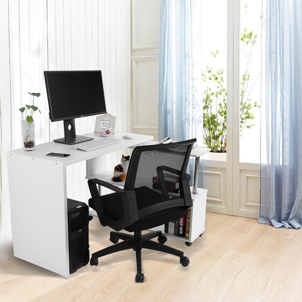 Scrivania Ad Angolo A L Con Scaffale Girevole - Bianco 157x45x130.5cm - Per Ufficio E Studio - Foto 5