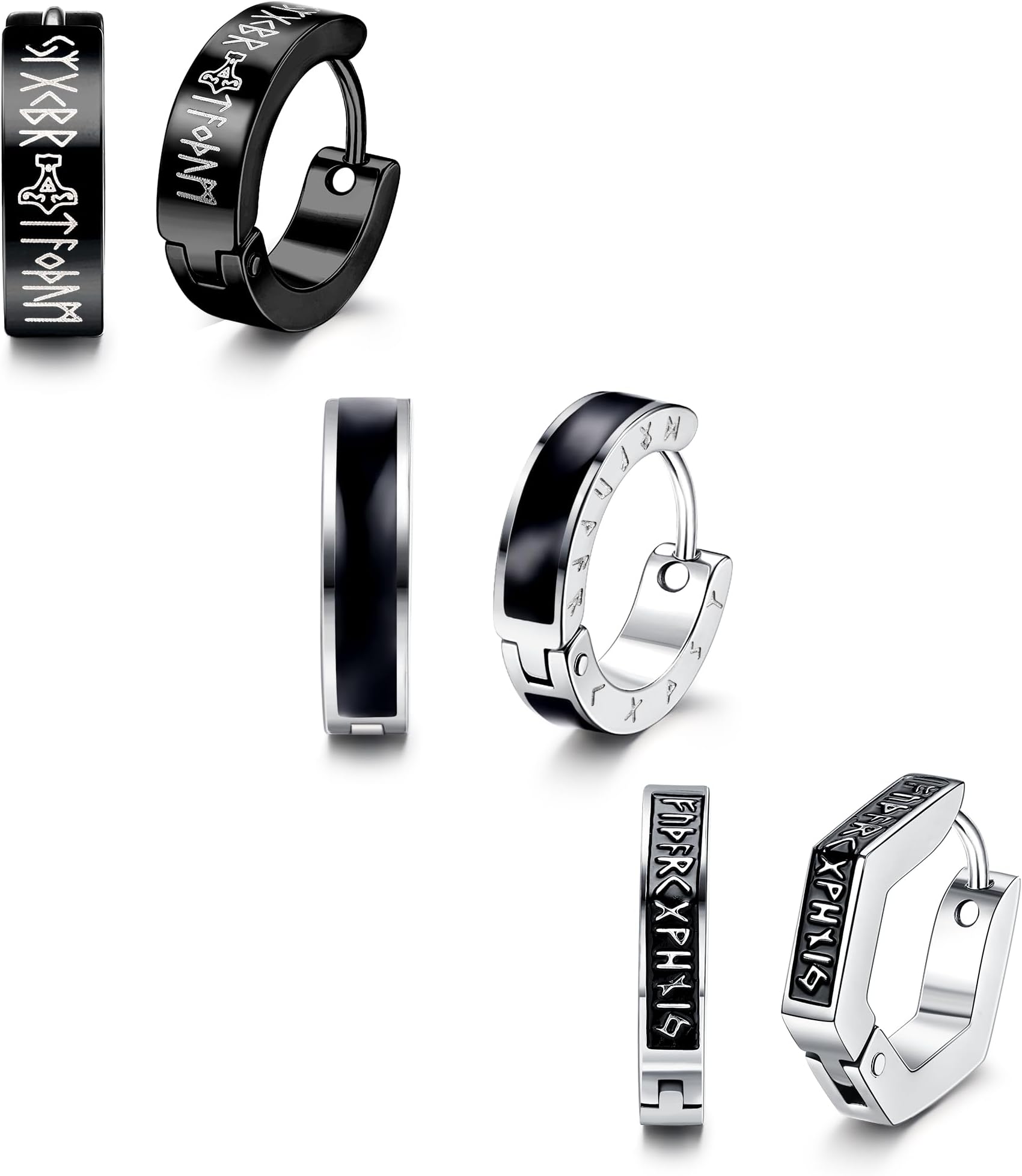 ADRAMATA3 Pairs Viking Hoop Earrings for Men Women Stainless Steel Black Stud Earrings Classic Norse Runes Huggie Hoops Earrings, Inner diameter 9mm