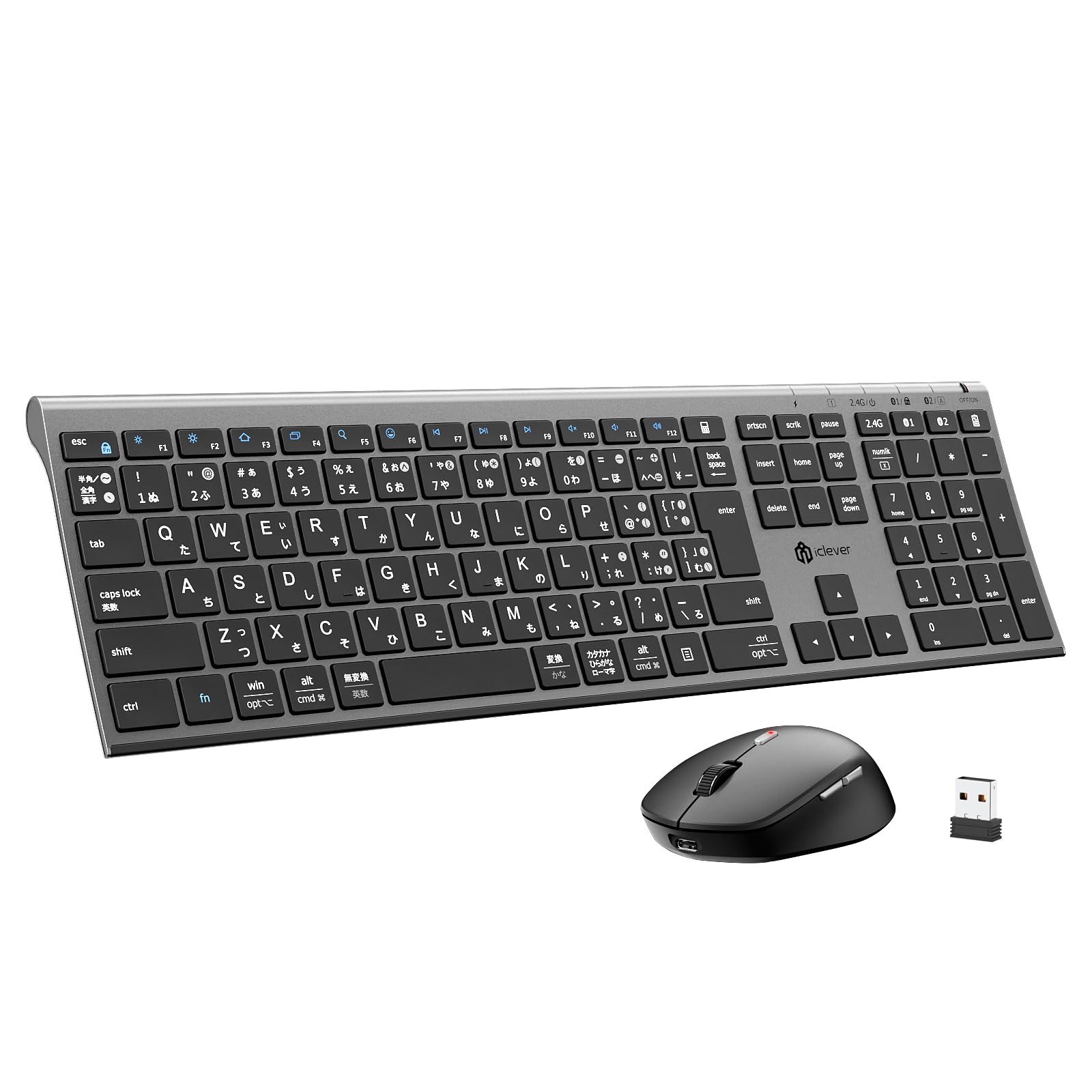 iClever キーボード マウスセット ワイヤレス Bluetooth&2.4G JIS日本語配列 フルサイズ テンキー付き マウス4段調節可能DPI 静音
