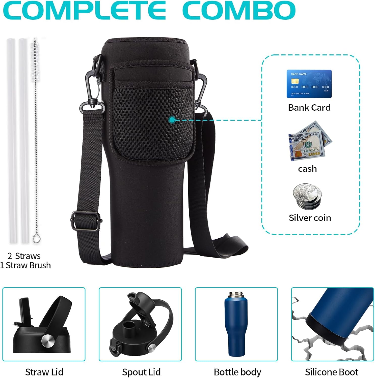 40oz Insulated Water Bottle that fits in Cup Holder - Water Cup with Spout Lid, Straw, Sleeve with Side Handle, Vacuum Stainless Steel Travel Tumbler Keep Cold 48h/Hot 24h - Image 4