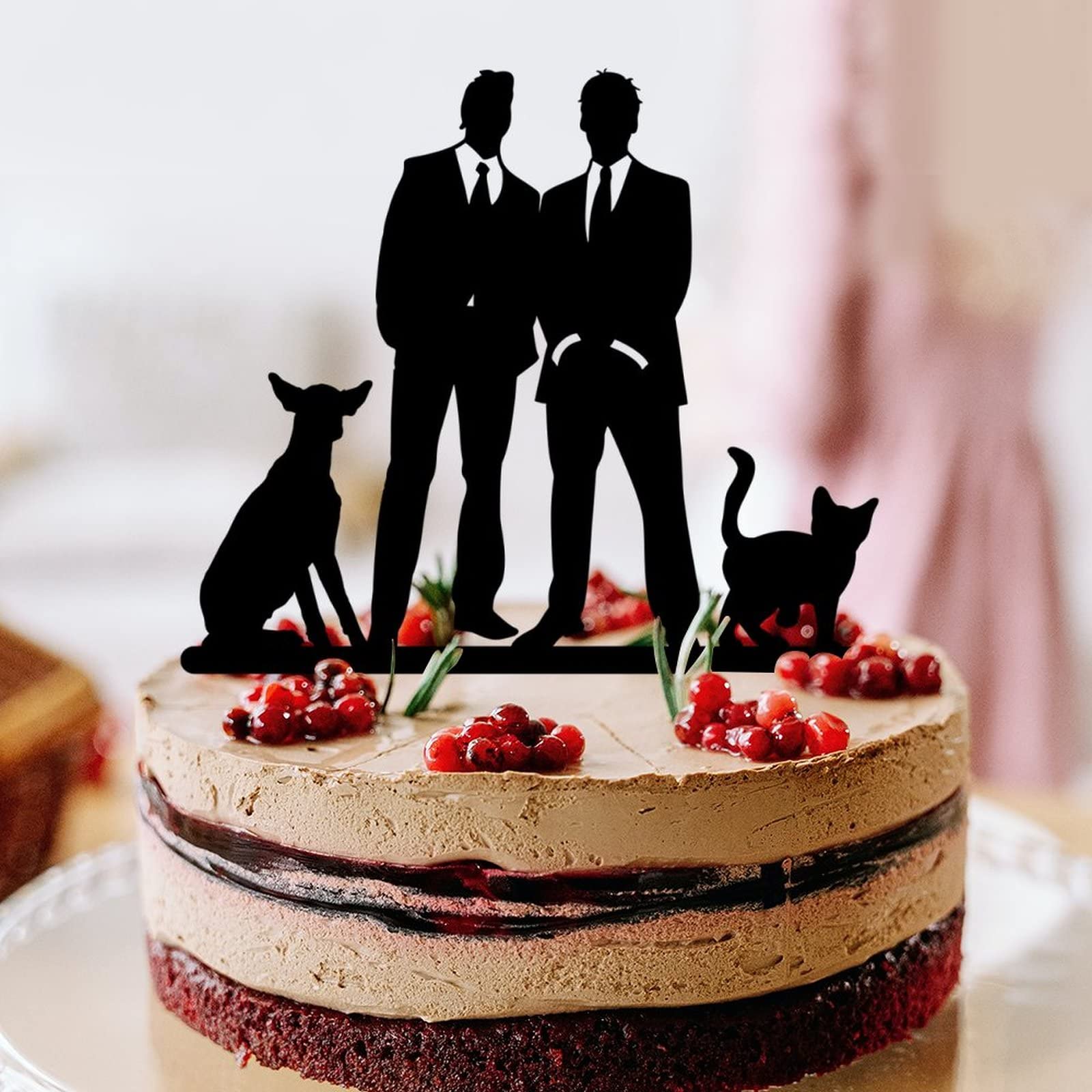 Kuchendekoration Für Schwulen-Hochzeit – 2 Bräutigame Mit Hund & Katze, Aus Acryl, Ca. 15,2 Cm, Personalisierbar