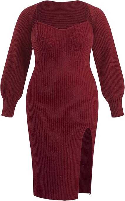 CIDER Plus Size 2 Piece Sweater Dresses for Women Long Sleeve Midi Dress Slit Winter Pullover Wedding Guest Outfits