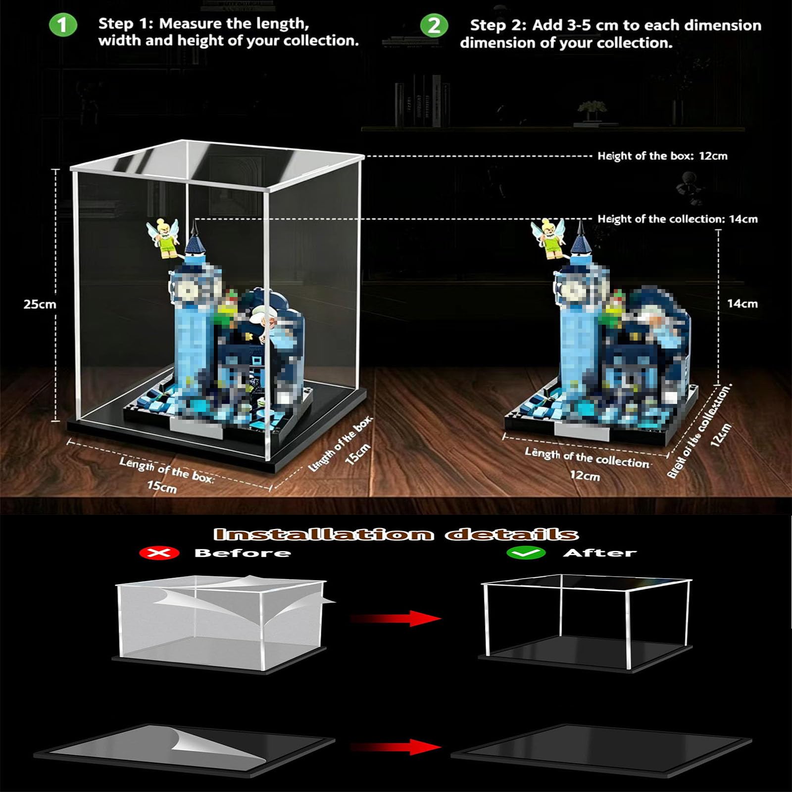 Vitrine en Acrylique Transparente pour Lego Figurines d'action,Vitrine Voiture Miniature pour Moto Figurines Jouets Objets de Collection (Base Noire, 35x35x40CM)