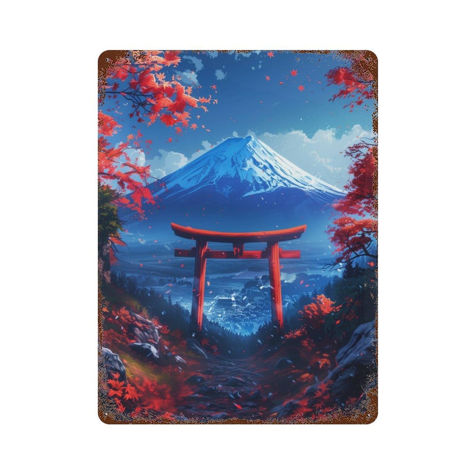Vintage Rust Metal Sign with Torii Gate Fuji Mount Design 15.7"x11.8", for Garage, Bar And Workshop Decor, Retro Wall Decor
