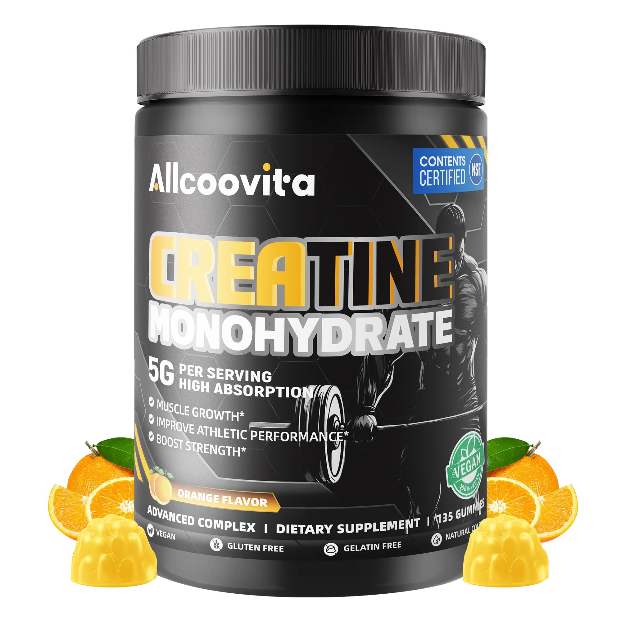 Allcoovita Creatine Monohydrate Gummies for Men & Women. Boost Focus,Strength, and Endurance, Anti-Melting Formula, Vegan, Gluten-Free, Non-GMO,(Orange135 ct) Orange 135 Count (Pack of 1)