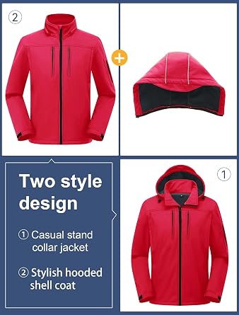 CREATMO US Men's Softshell Military Jacket With Removable Hood, Fleece Lined and Water Repellent Outdoor Reflective Coat