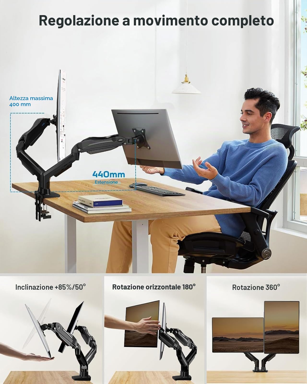 HUANUO Supporto Monitor Scrivania Doppio, Braccio Monitor Scrivania per Schermi da 13–32 Pollici, Supporto a Due Bracci per Monitor Curvi e Piatti, Attacco VESA 75x75 e 100x100 mm, Carico Massimo 9 kg