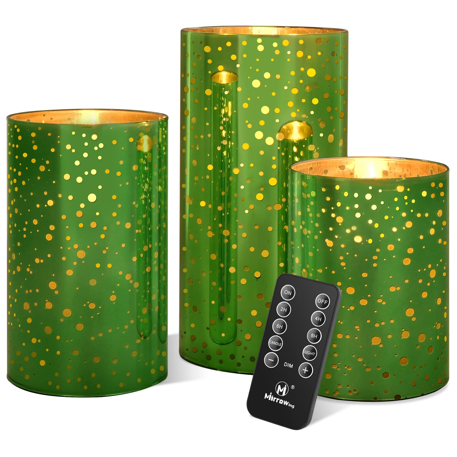M Mirrowing LED Flameless Candles Battery Operated with Remote and Timer,Realistic Flickering Flameless Candles,Mercury Glass Led Pillar Candles, Set of 3 (D 3"Ã—H 4" 5" 6") Green