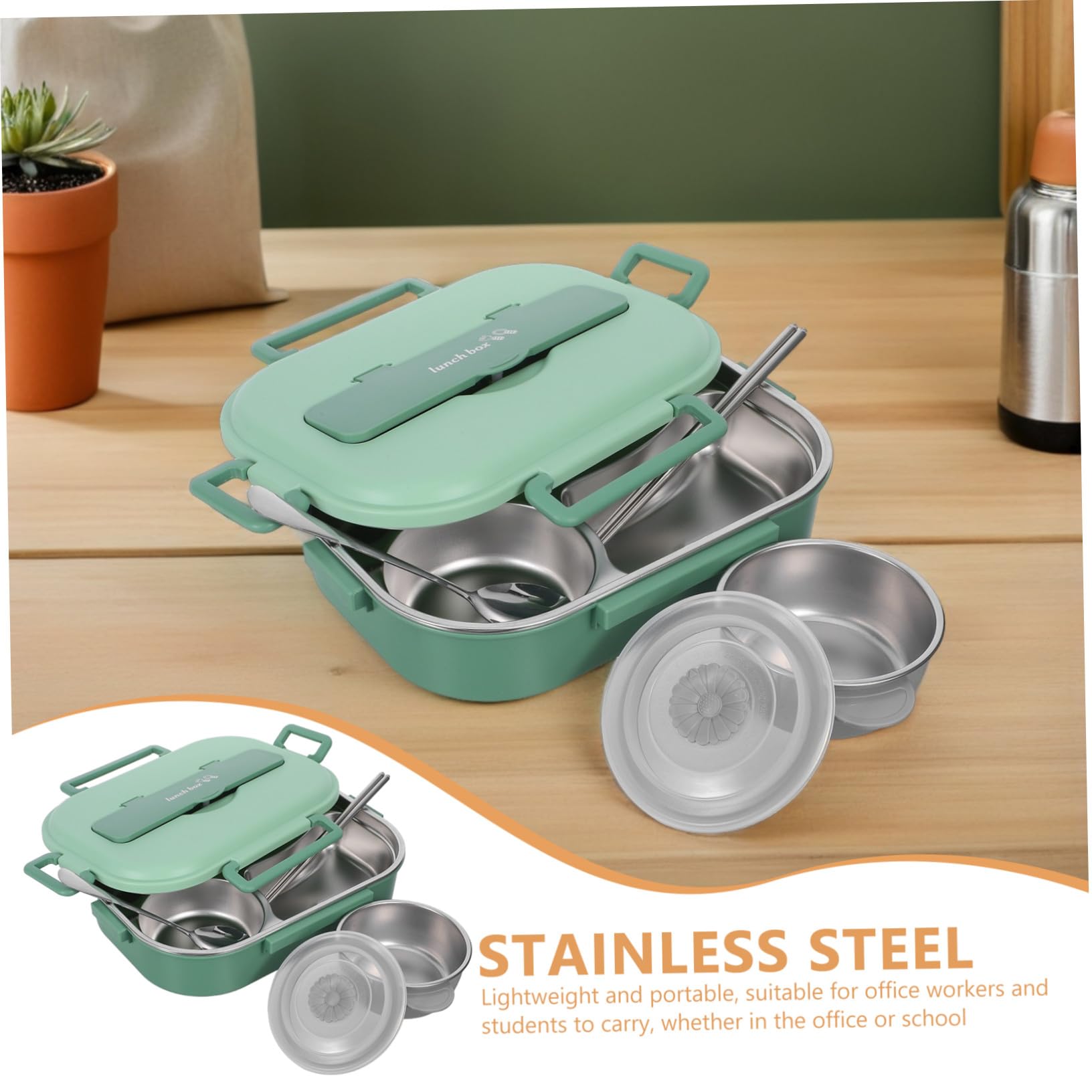 Boîte à Déjeuner Bento 1500ml en Acier Inoxydable Vert, 4 Compartiments