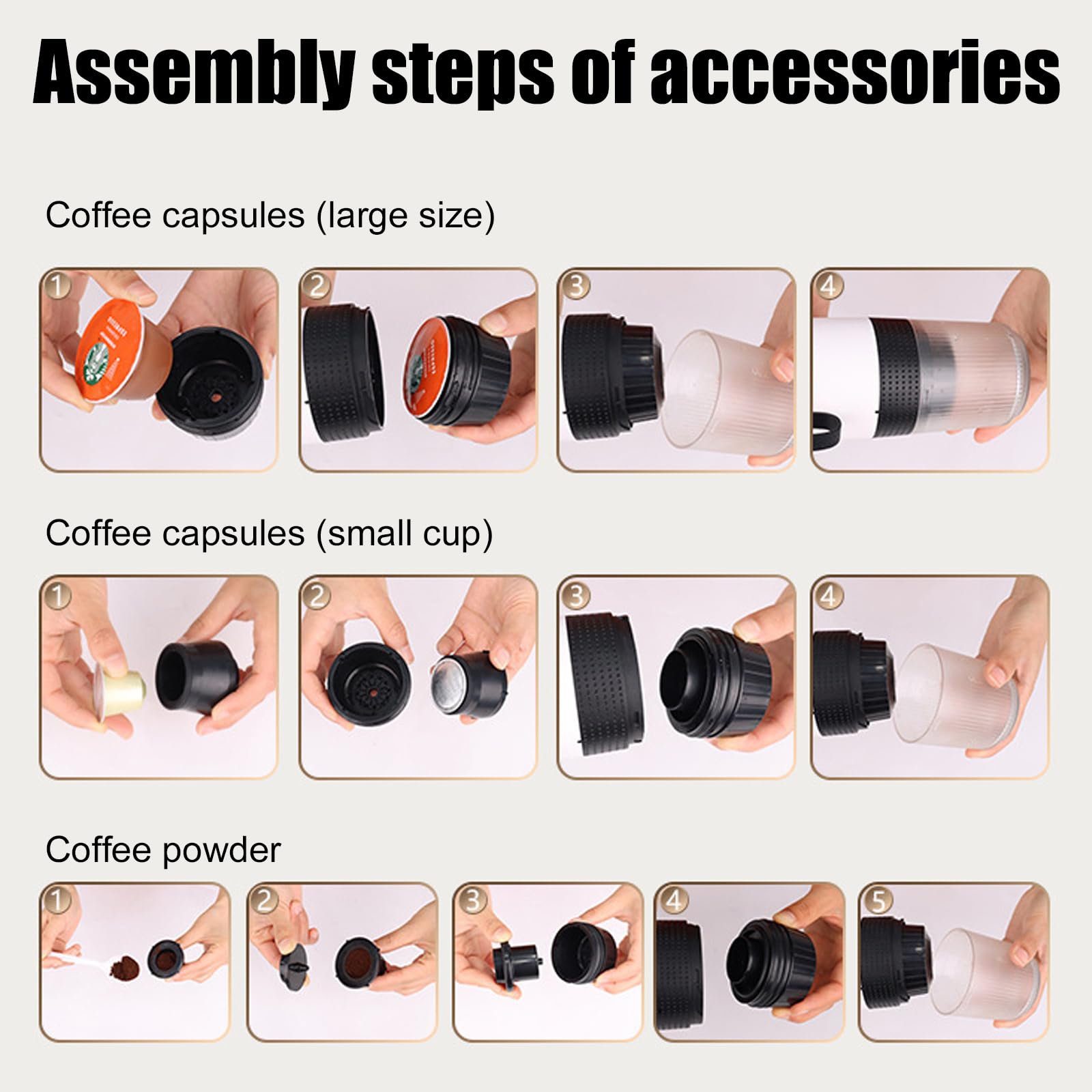 BORDEAG Macchina da caffè portatile 3 in 1, mini macchina da caffè USB, macchina da viaggio per capsule e caffè macinato, autoriscaldante, per campeggio, escursioni, viaggi, camper, nero