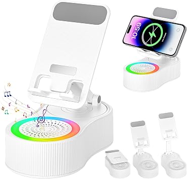 Cell Phone Stand with Bluetooth Speaker - Wireless Bluetooth Speaker with 360 Rotatable Phone Holder, Multifunctional Adjustable Stand with Charging Compatible with Tablet for Home Desk White