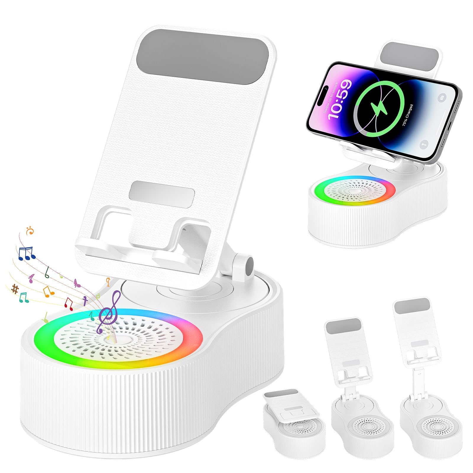 Cell Phone Stand with Bluetooth Speaker - Wireless Bluetooth Speaker with 360° Rotatable Phone Holder, Multifunctional Adjustable Stand with Charging Compatible with Tablet for Home Desk (White)