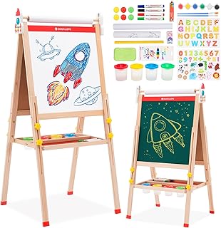Easel for Kids with Paper Roll, Kids Art Easel with Large Double-sided Drawing Board for Painting, Adjustable Wooden Easel Stand with Folding Storage Tray Gift for Kids Ages 2-8