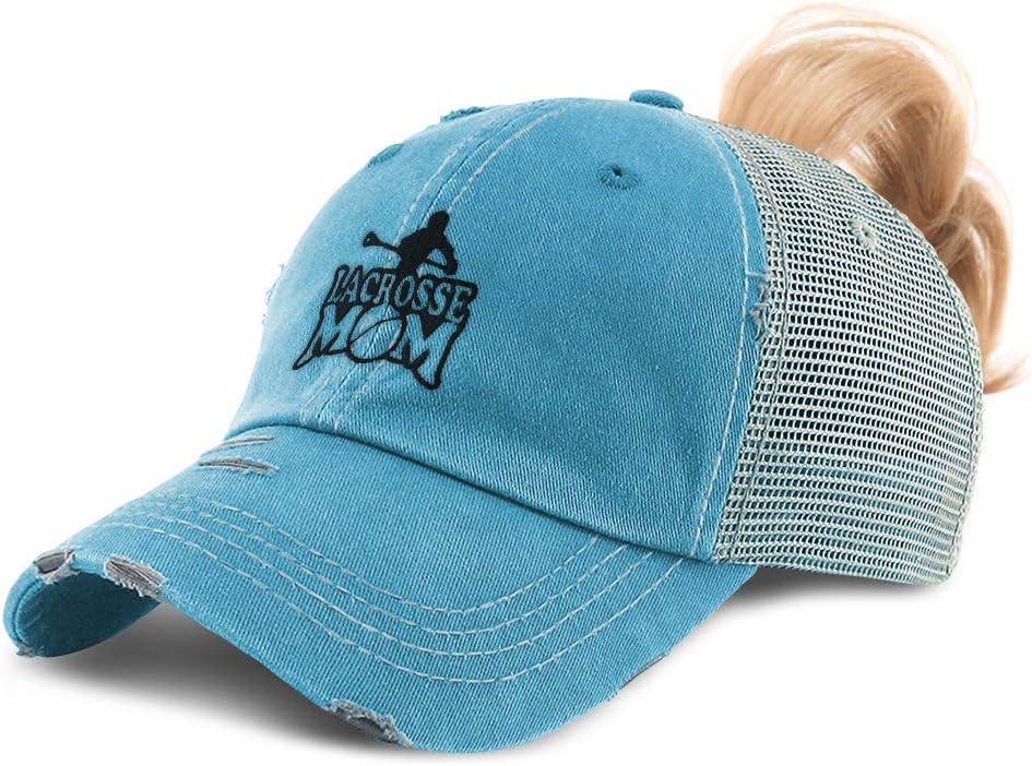 Womens Ponytail Cap Lacrosse Mom Sport Embroidery Cotton Distressed Trucker Hats