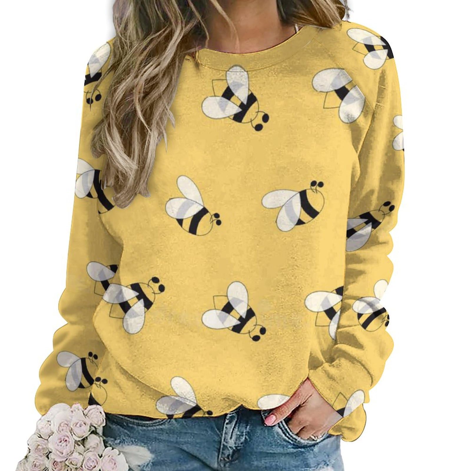 Qjjinxior Women's Cute Bee Casual Jumper, Sweatshirts For Crewneck Long Sleeve Top