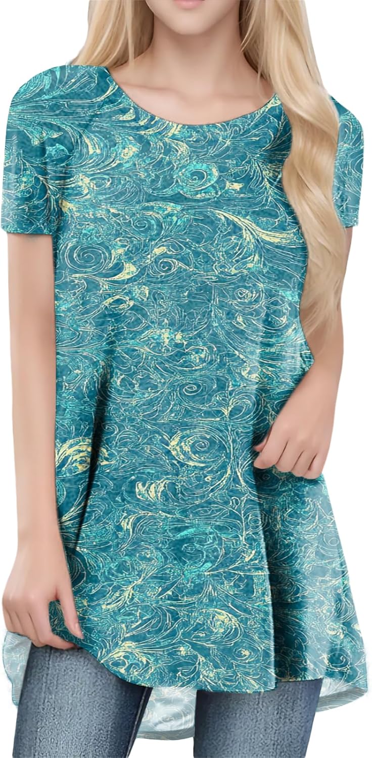 Ladies Tops Casual Trendy Loose Crewneck Flowy Shirts Summer Basic Short Sleeve High Low Hem Lightweight Tees