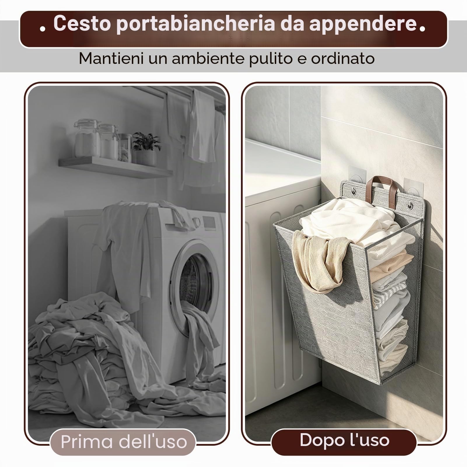 Cesto Per La Biancheria da Appendere al Muro, Cesti Per La Biancheria da Parete Pieghevoli Cesto Per La Biancheria da Appendere Cesto Per Armadio Pensile Portatile Per Armadio(Large-Grigio)
