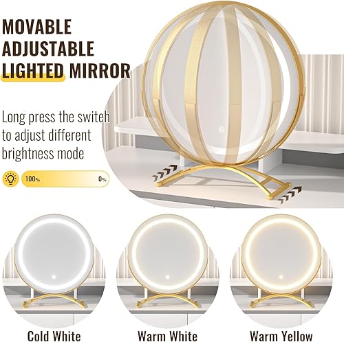 Miniatura 4 de Cyclysio Escritorio de tocador con espejo y luces, tocador de maquillaje con cajones, escritorio de maquillaje moderno con gabinete reversible,