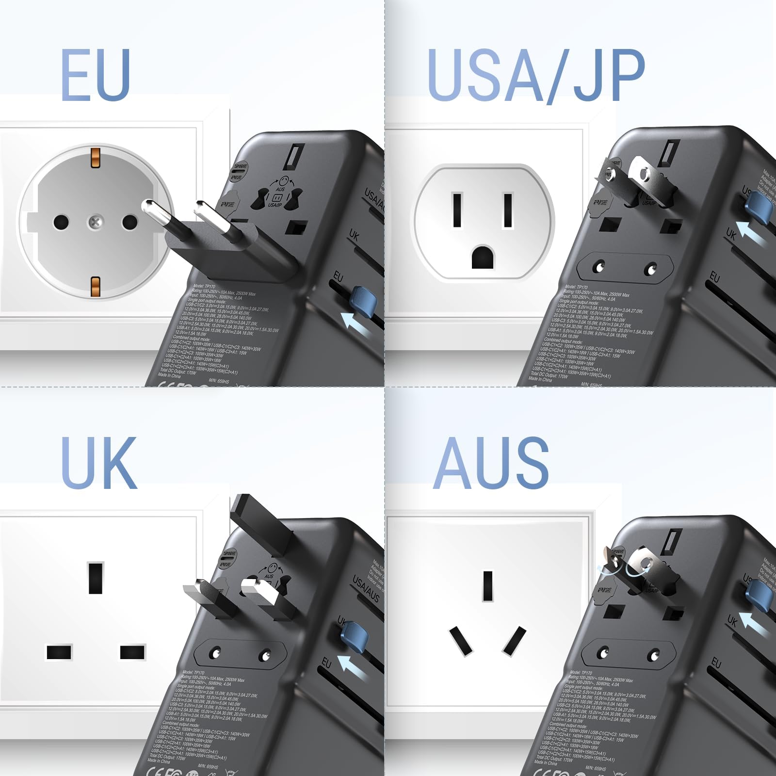 MINIX GaN III adapter podróżny 170 W z 3 portami USB-C i 1 portami USB-A, międzynarodowy adapter zasilania, AC Outlet, kompatybilny z US/UK/UE/AU do laptopów, tabletów, telefonów, kamer